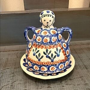 Hand-Painted Polish Pottery Small Cheese Lady